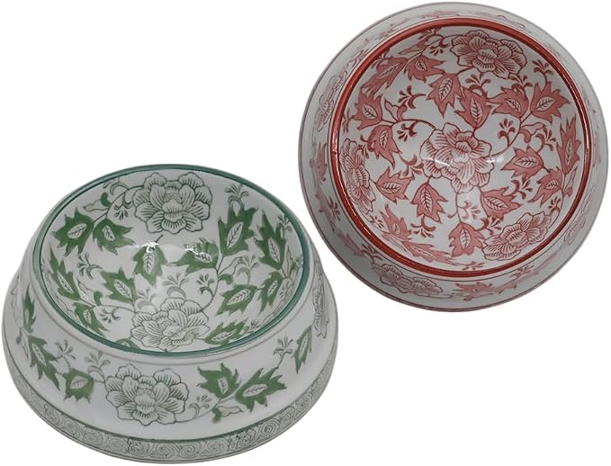 Aimusego Ceramic Green & White Dog Bowl 9inch Chinoiserie Hand Painted Pet Food Water Bowls, Dogs Cat Dish for Medium and Large Pet, Puppy-25OZ