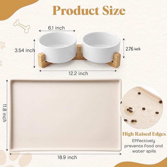 Ceramic Dog Bowl Food Water Bowl Set for Medium Dog with Wood Stand Waterproof Raised Edge Non-Slip Mat 3.6 Cups Glaze Weighted Feeding Dishes for Cat