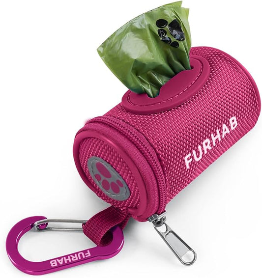FURHAB Dog Poop Bag Holder for Leash Doggie Waste Bag Dispenser Soft Fabric Puppy Potty Carrier Small Doggy Zipper Pouch with Carabiner Clip 1680D Nylon Oxford with 1 Roll of Pet Trash Bags, Rose Red