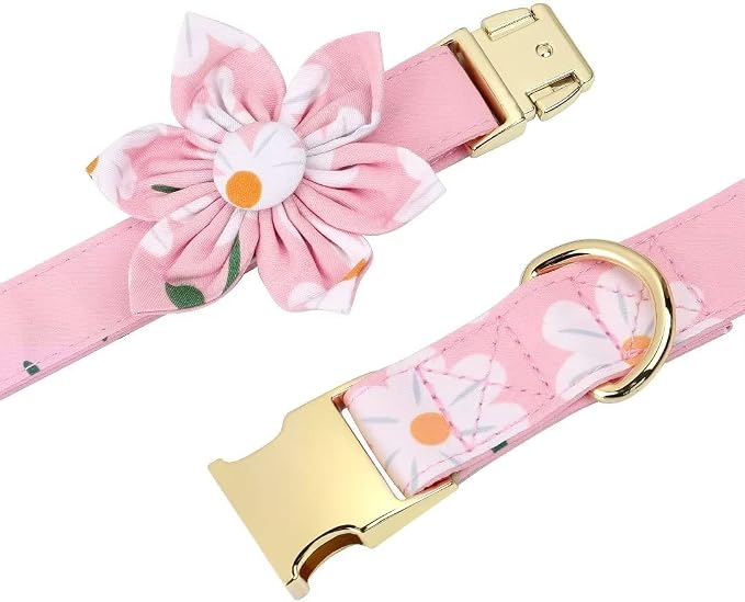 Beirui Cute Dog Collars,Harnesses,Leashes Set, Floral Pattern, Pink-1,M | Girl Dog Harness Set with Flower, Adjustable and Soft Mesh Lining, For Medium Dogs Daily Walks