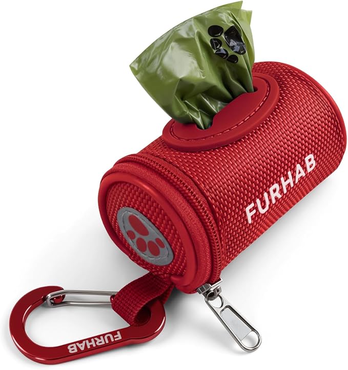 FURHAB Dog Poop Bag Holder for Leash Doggie Waste Bag Dispenser Soft Fabric Puppy Potty Carrier Small Doggy Zipper Pouch with Carabiner Clip 1680D Nylon Oxford with 1 Roll of Pet Trash Bags, Red