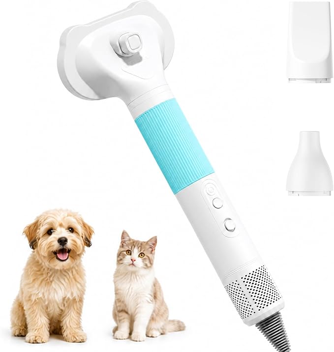 Pet Hair Dryer with Grooming Brush, Dog Blow Dryer, 3-in-1 Cat Blower, Blue | 110,000 RPM Pet Blower with One-Click Hair Removal, 3 Heat & 2 Speed Settings for Professional Home Grooming