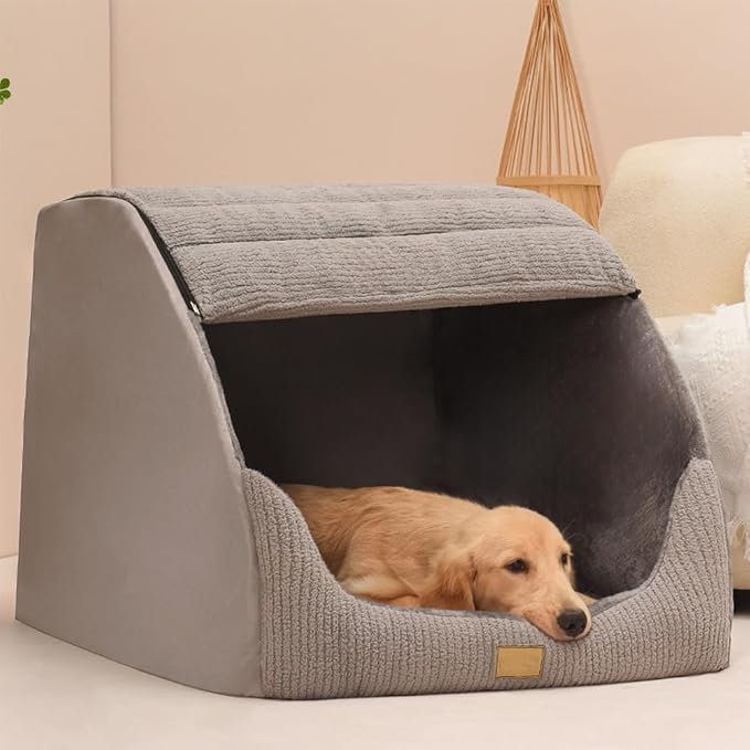 Large Dog House Indoor, Soft Plush Dog Cave Bed Covered Dogs Bed with Fluffy Washable Cushion, Portable Dog/Cat Pet Tent House for Small Medium Dogs (Grey, Large)