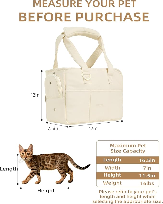 ONECUTE Dog Carrier for Small Dogs Rabbit cat with Large Pockets, Cotton Bag, Dog Carrier Soft Sided, Collapsible Travel Puppy Carrier (Beige, 17" L x 7.5" W x 12" H)