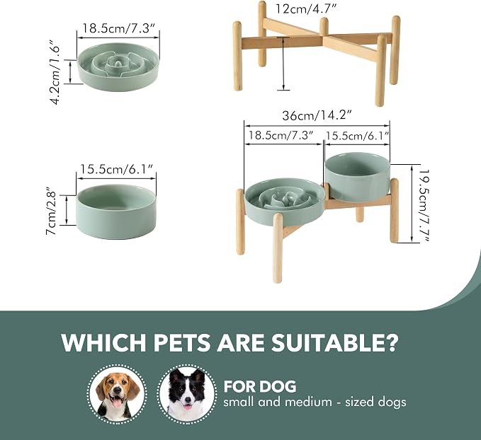 Havniva Elevated Slow Feeder Dog Bowls, Ceramic Dog Bowl Slow Feeder Set | 1.2 Cups Raised Slow Feeder Dog Bowl for Small Breed, 6.1” Dog Water Bowl with Wooden Stand, Puzzle Dog Food Bowl, Non-slip