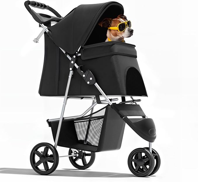 Magshion 3-Wheel Pet Stroller for Small/Medium Dog Cat, Up to 33lbs, Black | Foldable Travel Jogger w/ Breathable Mesh Cover, Lightweight Design, Safety Tethers, Cup Holder & Storage Basket