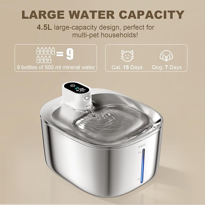 Wireless Cat Water Fountain Stainless Steel,4.5L Cordless Pet Fountains for Dringking,4000mah Battery Operated Cat Water Pountain,Automatic Dog Dispenser w Pet Hair Remover Gloves