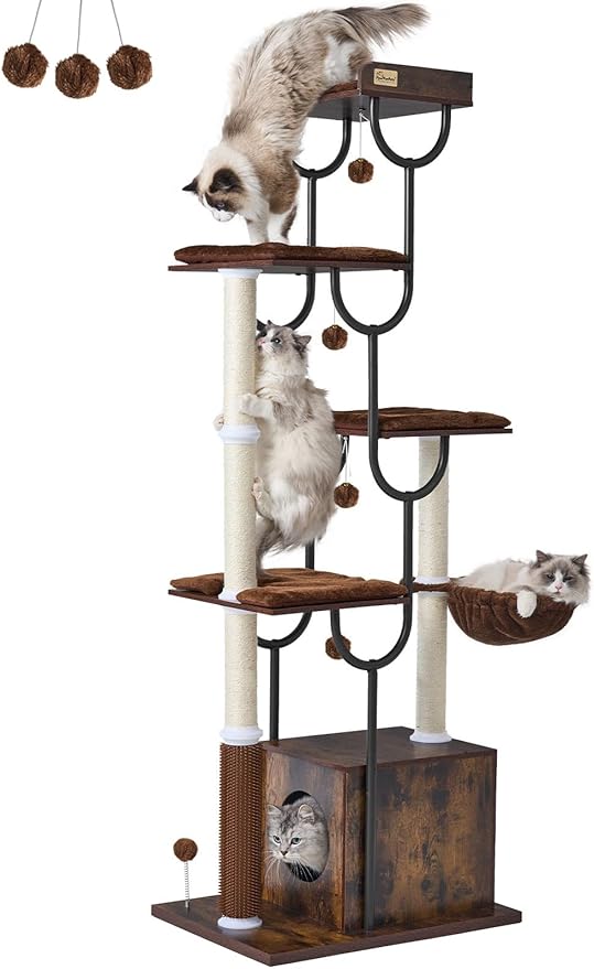 FourFurPets Cat Tree for Large Cats, Modern Cat Tree Tower with Scratching Post, 74" Wooden Cat Tower for Multiple Adult Cats, Cat Condo for Adult Cats, 4 Large Perch, 1 Cat Caves, Rustic Brown