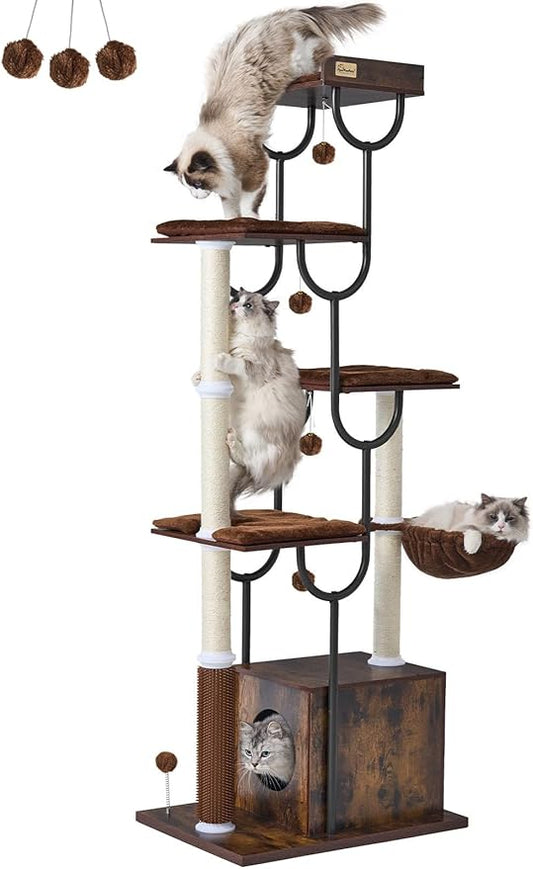FourFurPets Cat Tree for Large Cats, Modern Cat Tree Tower with Scratching Post, 74" Wooden Cat Tower for Multiple Adult Cats, Cat Condo for Adult Cats, 4 Large Perch, 1 Cat Caves, Rustic Brown