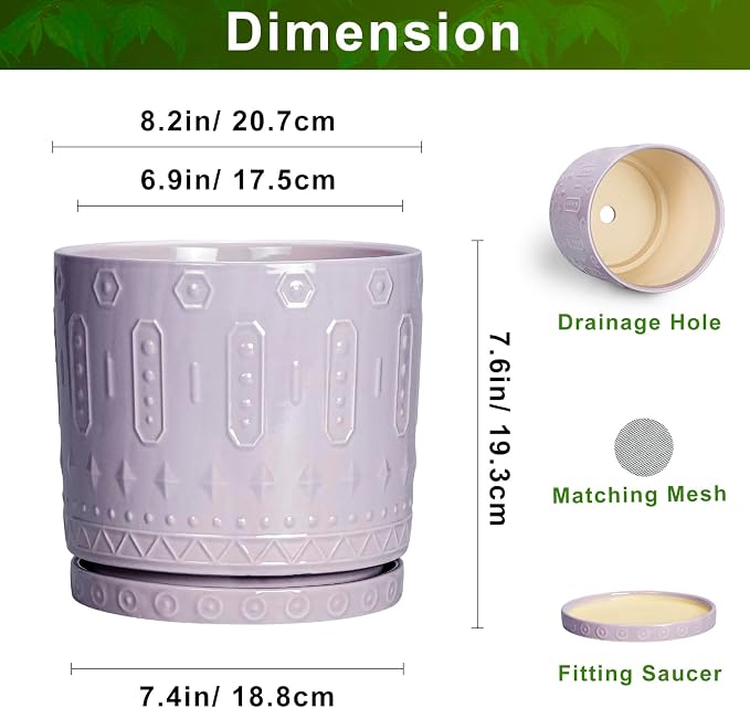 Eightpot Ceramic Flower Pots, 8 Inch Plant Pots Indoor Outdoor, Round Planter with Drainage Hole and Tray, Boho Planter, Decorative Pot for Plants, Apartment Decor, House Warming Gifts, Purple
