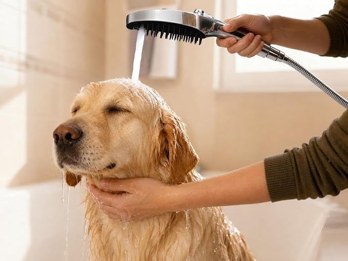 G-Promise 3 Mode Dog Shower Attachment with Pause Mode | High Pressure, Built-In Brush for Wash & Groom, Extra Long Hose, for Indoor & Outdoor Use