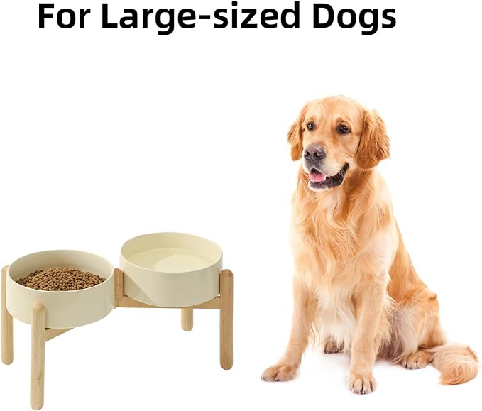 Havniva Elevated Dog Bowls Ceramic Dog Bowls with Stand, Dog Food Bowl | 8.3” Raised Dog Bowls with Non-Slip Wood Stand, Dog Food and Water Bowl Set, Double Dog Feeding Bowls for Large Dogs