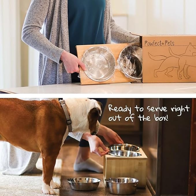 Elevated Dog Bowl Stand- 7" Raised Pet Feeder for Medium Dogs with Four Stainless Steel Bowls.