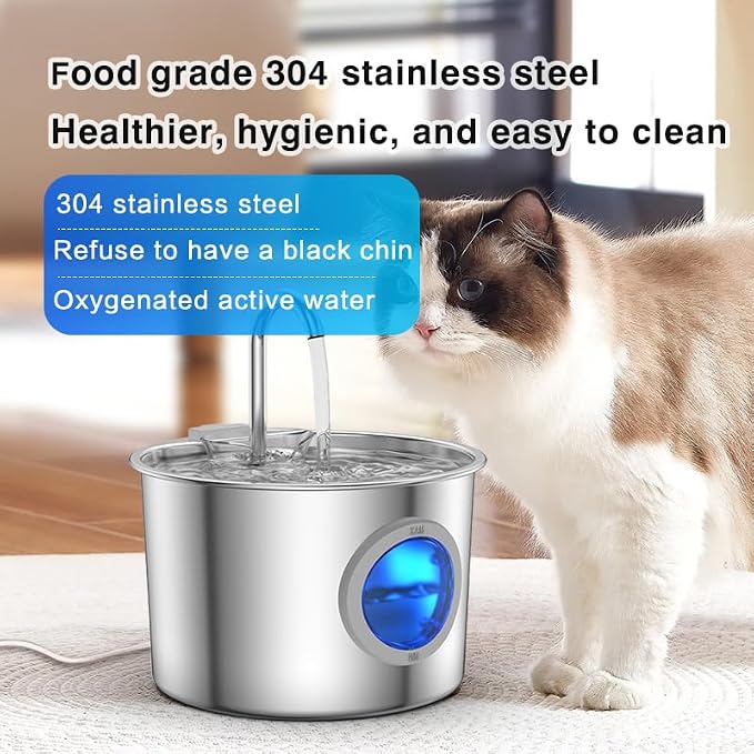 Cat Water Fountain Stainless Steel: Cat Fountain for Drinking with 6 Filters + 6 Sponges - 74oz/2.2L Pet Water Fountain for Cats Inside - Quiet Cats Water Bowl Dispenser - Kitten Drinking Fountains