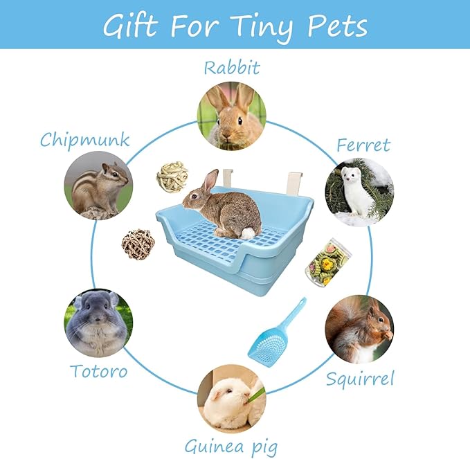PINVNBY Large Rabbit Litter Box Deep Bunny Corner Toilet Box Double-Deck Small Animal Potty Trainer with Hooks for Adult Guinea Pig Chinchilla Ferret Chipmunk(Blue)