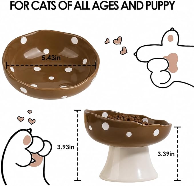 Brown Mushroom Cat Bowl, Elevated Ceramic Bowl for Cats | Cute, Elevated, Ceramic, Whisker Friendly, Dishwasher Safe