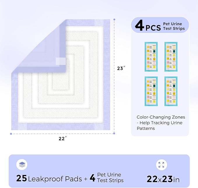 ZOMISIA 3D-Barrier Puppy Pee Pads for Dogs, 7 Cups Absorb & Rise Puffy Gel-Wall Leak-Proof, 22"x23" 25 Counts + 4 Pet Urine Test Strips, Super Absorbent Disposable Potty Training Pads
