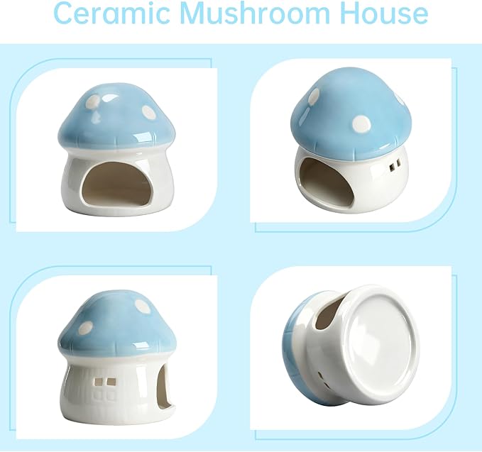 AnRui Ceramic Mushroom Aquarium Decor Cute Mini House Betta Fish Tank Accessories Decoration Hideaway Hideout Cave Ornament for Small Fish, Shrimp, Goldfish and Reptiles (Blue, Large)