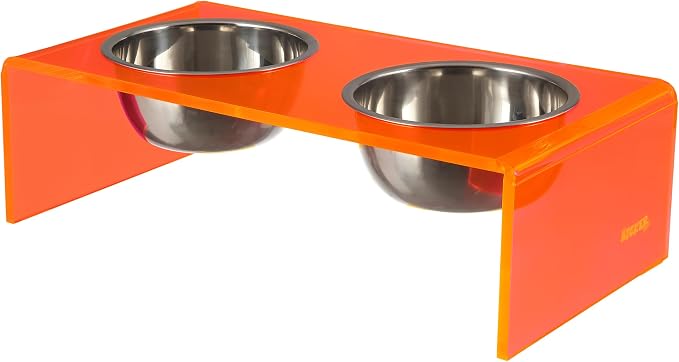 DBL2000E Keaton 5" Small/Medium Modern Acrylic Rectangular Elevated Pet Feeder with 20oz 2-Stainless Steel Bowls, Pink/Chrome