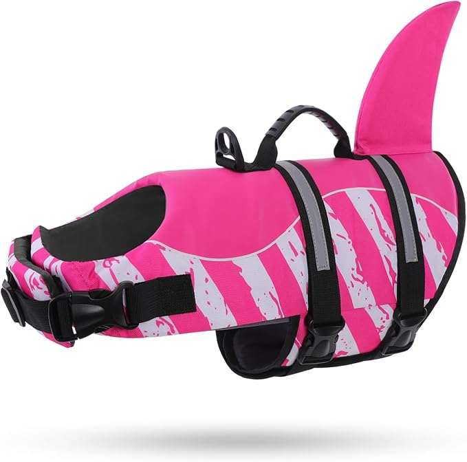 Dog Life Jacket High Flotation, Reflective Dog Life Vest for Swimming, Adjustable Dogs Life Preserver Rescue Handle Spring Summer Pool for Small, Medium, Large Dogs (Pinkwhite,L)