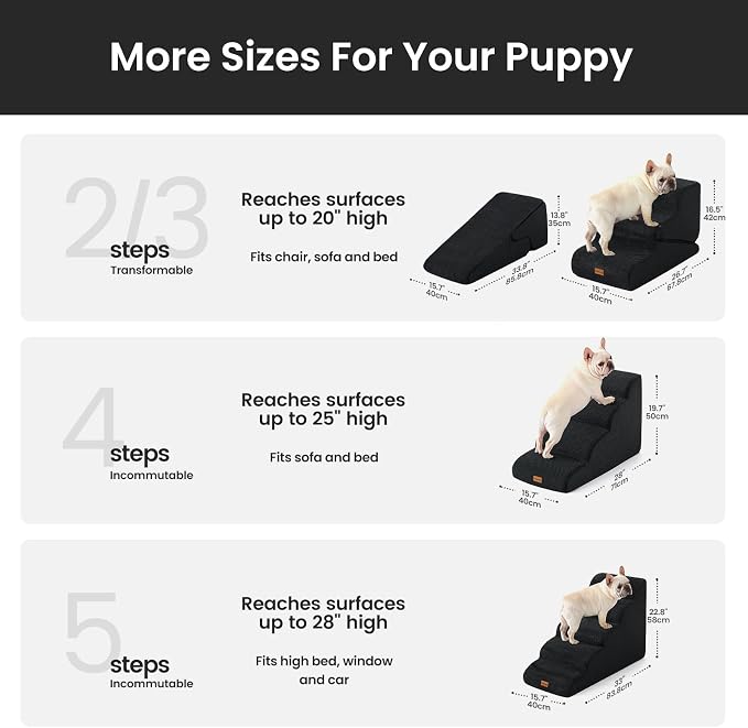 Gardner Pet Dog Stairs for Small Dogs 16.5" H, 2 in 1 Transformable 3-Step Pet Stairs and Dog Ramp for Couch (13-20 in), Black Adjustable Pet Steps with Non-Slip Waterproof Cover and CertiPUR-US Foam