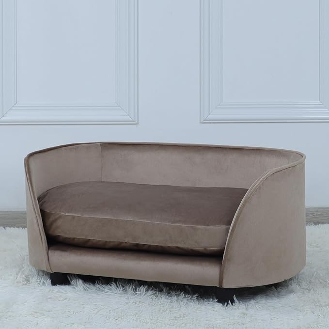 Pet Sofa Bed,Cat Sofa Couch,Small Dog Beds,Pet Sofa Couch, Cat Beds,Wooden Frame and Velvet Fabric and Washable Cushion, Comfy Dog Couch for for Small Dogs &Cats&Puppy (Brown)