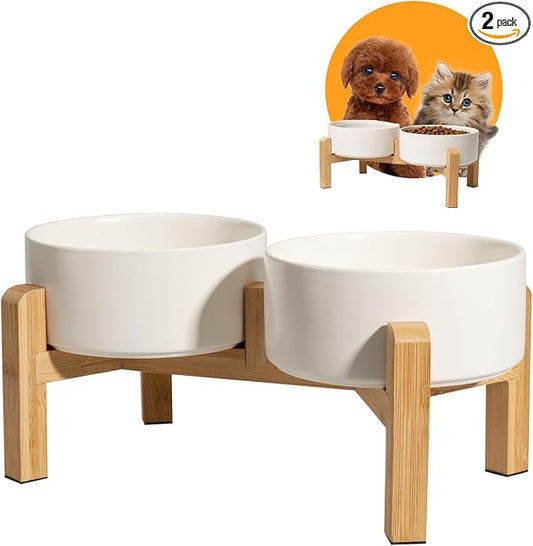 Elevated Ceramic Dog Bowl Set - Raised Feeding Bowls with Non-Slip Bamboo Stand - Small Pet Dishes for Food and Water - Ideal for Cats and Puppies - 16.23 OZ - 2 Cups - 480 ML | 5.1'' Double Dog Feeding Dishes, Non-Slip Raised Dog Feeder for Cats and P...
