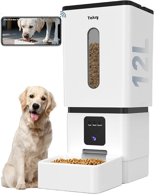 Distributeur Automatique de Croquettes pour Grands Chiens avec Caméra - 12L/50 Tasses Contrôle via Application WiFi 5G, Installation Facile, Vidéo HD 1080P avec Vision Nocturne par Yakry