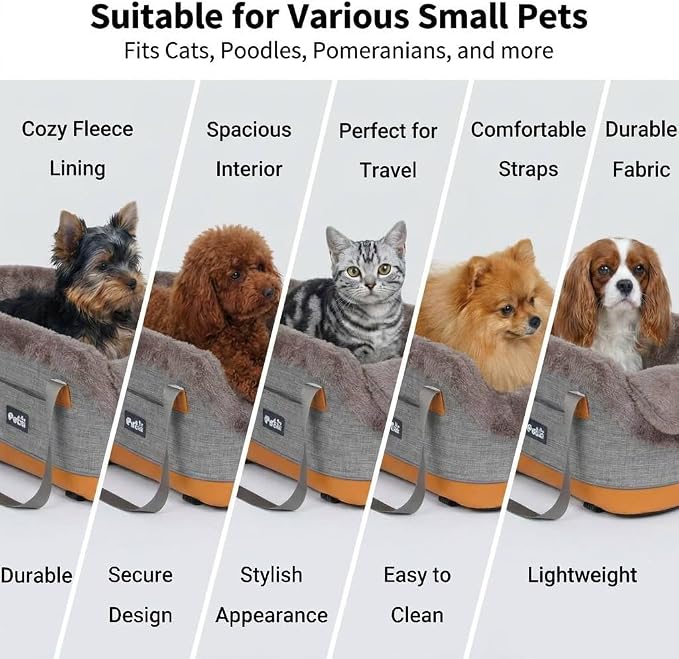 Pet Car Center Console Elevated Armrest Car Seat for Small Puppy, Dogs & Cats (Up to 10 lbs) – Dark Gray Washable Plush Carrier with Safety Leash, Fits Front Vehicle Console Space (Khaki)