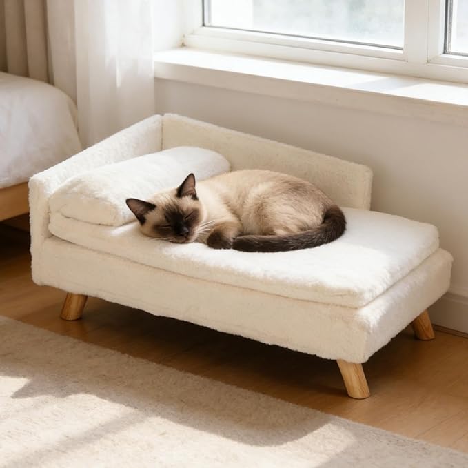 Elevated Cat Couch Sofa: Wooden Cat Bed Dog Chair with Bolster Cushion for Small Dogs Cute Pet Chaise Soft Cushion Fluffy Washable for Puppy