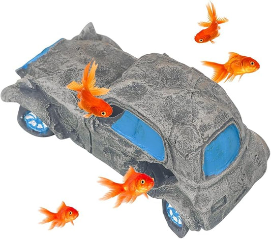 Virekm Aquarium Decorations, Aquarium Decorations for Fish Tank - Realistic Resin Rock Cave Hideouts, Safe Fish Tank Ornaments with Natural Design for Betta, Goldfish, Shrimp - Easy to Clean (car)