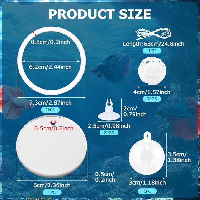 2pcs Bettas Fish Enrichment Toys Ring with Mirror & 2 Bio Filter Balls Betas Exercise Loop Toys Bett a Fish Exercise Ring Suitable for Fishs Tank, Aquarium(Color:White)