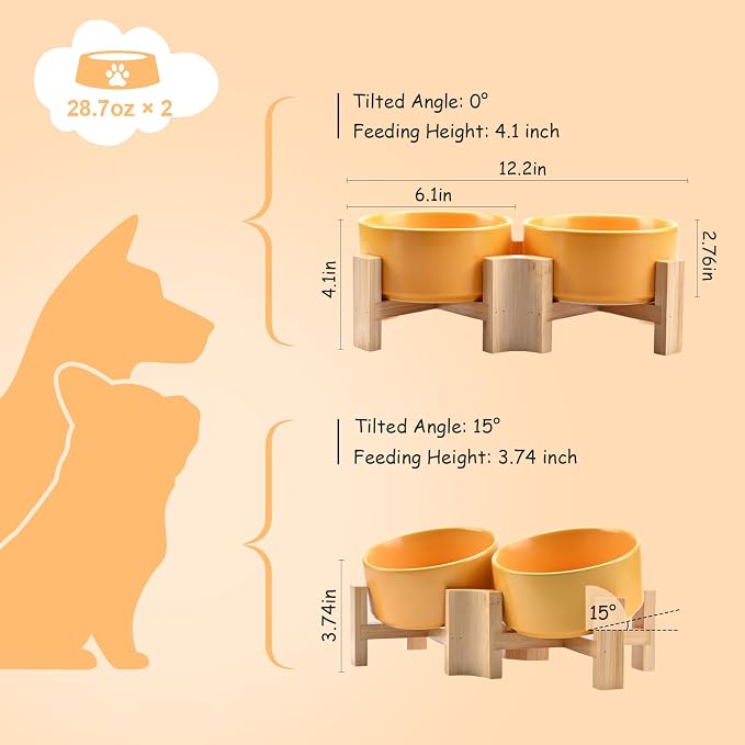 SPUNKYJUNKY 15° Slanted Ceramic Dog and Cat Bowl with Wooden Stand, Tilted Bulldog Food and Water Bowl No Slip Non-Spill for Cats Medium Dogs Big Face Pets 28.7 OZ (3.6 Cups, Yellow × 2)