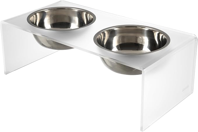 DBL2001K Keaton 7.5" Medium/Large Modern Acrylic Rectangular Elevated Pet Feeder with 54oz 2-Stainless Steel Bowls, Moon White/Chrome