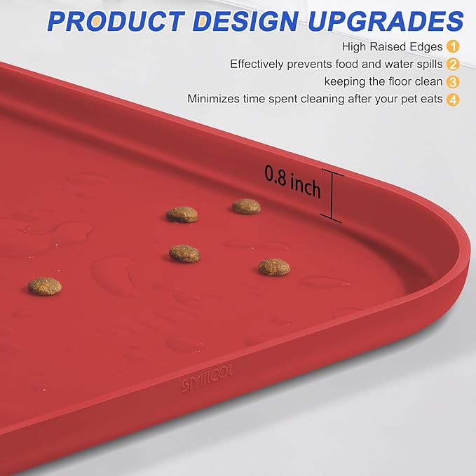 SMILOOL Waterproof Silicone Pet Food Mat with Raised Edge for Dog & Cat | 22" x 14" Non-Slip Pet Feeding Mats with Lip for Food & Water Bowl, Food Grade, Easy Cleaning, Red