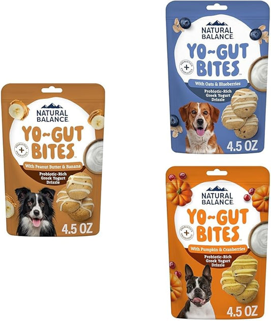 Natural Balance Yo-Gut Bites Crunchy Dog Treats with Greek Yogurt Drizzle, Peanut Butter & Banana, Real Oats & Blueberries, and Real Pumpkin & Cranberries Variety Pack, 4.5oz Bag (Pack of 3)