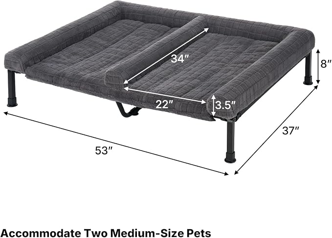 Veehoo Plush Double Dog Couch Bed for 2 Dogs, Washable Elevated Dog Bed | Cooling Raised Pet Cot with Removable Bolster Cushion, Breathable Mesh, No-Slip Feet, 53 x 37 inches, Grey
