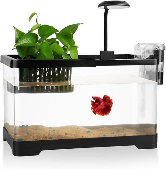 1.8 Gallon Beta Fish Tank Aquariums Kits - Clear Small Fish Bowl Starter Kit with LED Light, Water Filter Pump, Hydroponic Basket - Beginner's Gift for Guppy Shrimp Goldfish, Rectangular