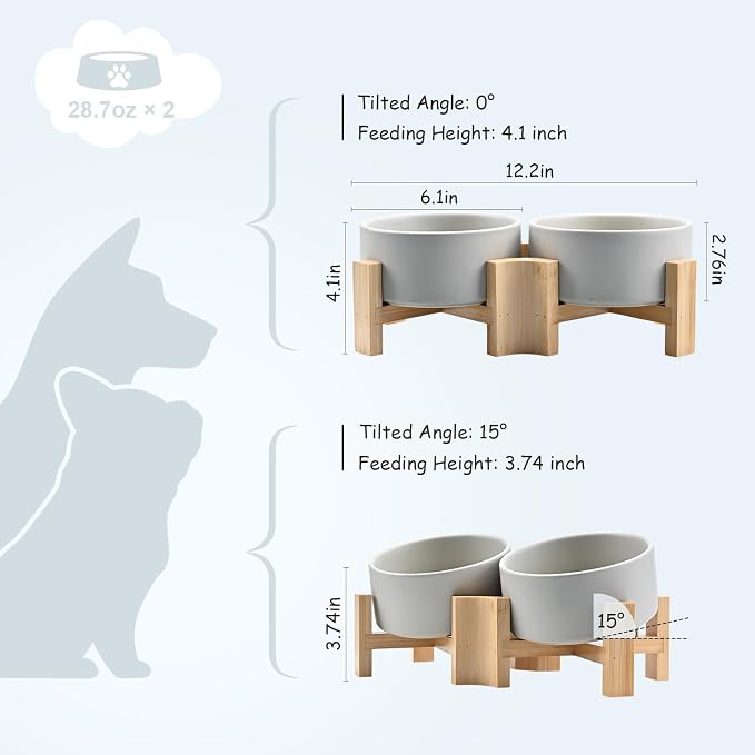 SPUNKYJUNKY 15° Slanted Ceramic Dog and Cat Bowl with Wooden Stand, Tilted Bulldog Food and Water Bowl No Slip Non-Spill for Cats Medium Dogs Big Face Pets 28.7 OZ (3.6 Cups, Grey × 2)