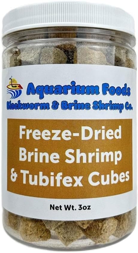 Aquatic Foods Inc. Brine Shrimp & Tubifex Worms - Freeze-Dried Brine Shrimp & Tubifex Cubes for Discus, Cichlids, Koi, Pond Fish, Aquatic Turtles, All Tropical Fish, Marine Fish…3oz Lg Round Jar