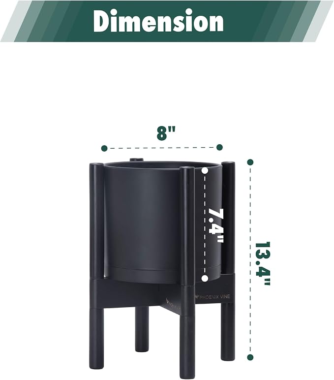 D'vine Dev Plastic Pot with Ebony Wood Stand, Black, 8 in, 55-C-K-2 | Mid-Century Inspired Design, Elevated Plant Display, Clean Lines, Sturdy Support, Modern Space-Saving Style