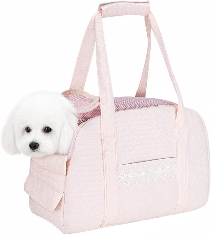 Dog Carrier Tote Bag, Foldable Soft Sided Breathable Mesh Lightweight Travel Handbag with Padded Handles, Lace Decor Portable Pet Purse for Small Puppy Kitten Cat Up to 15 Lbs (Pink)