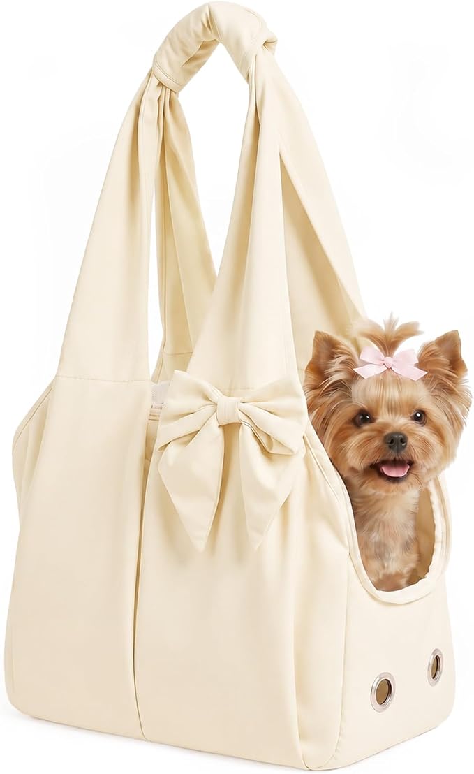 Fashion Dog Purse Carrier for Small Dogs and Cats, Soft-Sided Puppy Tote Bag Under 15 lbs, Lightweight Pet Carrier with 4 Pockets, Smart Zipper Lock, Pet Travel Bag for Travel Outdoor(Beige)