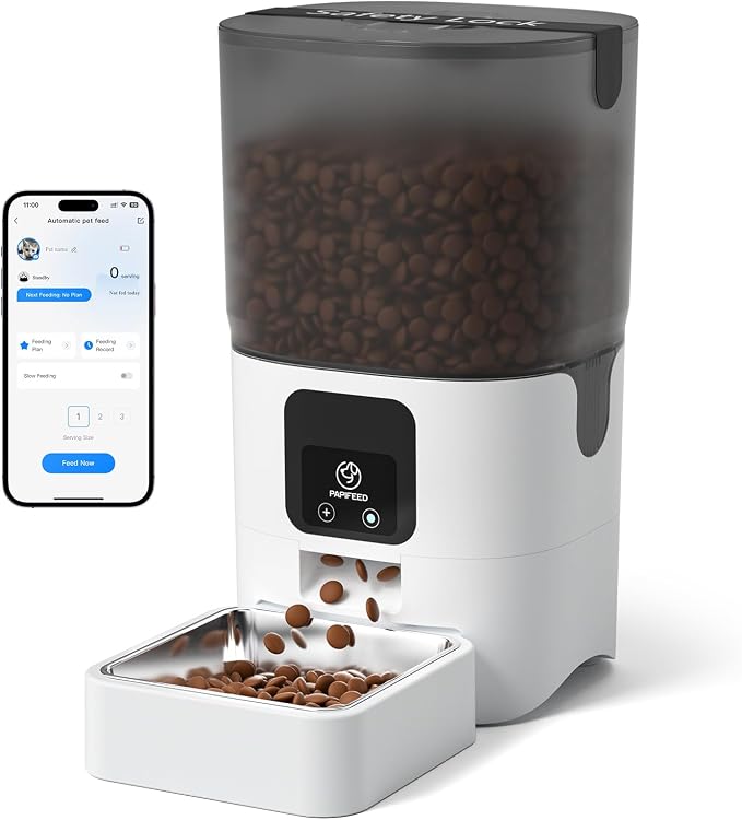 PAPIFEED Automatic Cat Feeder with App, 2.4G WiFi Cat Food Dispenser, 6L Timed Cat Feeder for Dry Food, 10 Meals/Day, 12 Portions/Meal, Dual Power Supply Smart Pet Feeder for Dog, White