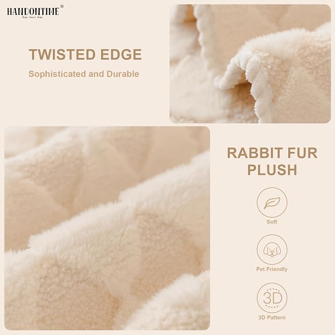 HANDONTIME Non-Slip Pet Couch Cover Washable, Plush Faux Fur Couch Protector for Cushion Pet-Friendly Sofa Covers for Dogs, Checkered Diamond Sectional Covers Dog Mat for Sofa (Khaki, 35.6" x 35.6")