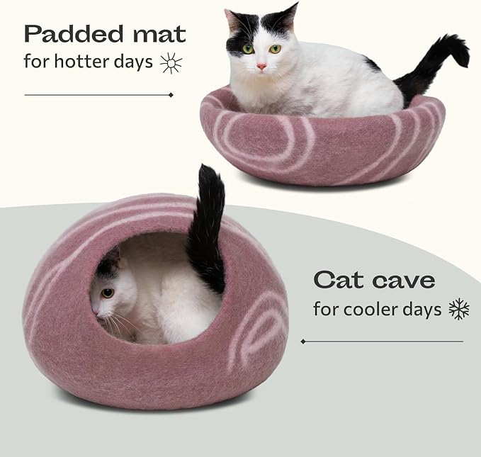 Cat Cave – Premium Felt Cat Bed Enclosure for Indoor Cats, Handmade Merino Wool (Rose Gold, Large)