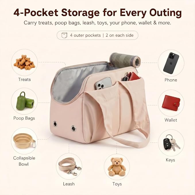 Fashion Dog Purse Carrier for Small Dogs and Cats, Soft-Sided Puppy Tote Bag Under 15 lbs, Lightweight Pet Carrier with 4 Pockets, Smart Zipper Lock, Pet Travel Bag for Travel Outdoor(Pink)