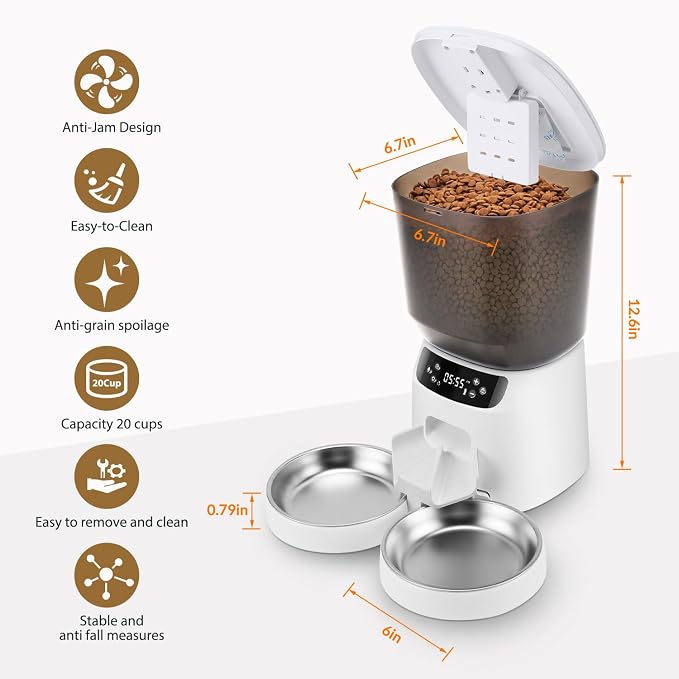 Automatic Cat Feeders for Two Cats, 5L/20 Cups Double Automatic Cat Food Dispenser with 2 Stainless Bowls, Timer Setting 20 Portions 6 Meals Per Day, 10s Meal Call (White)