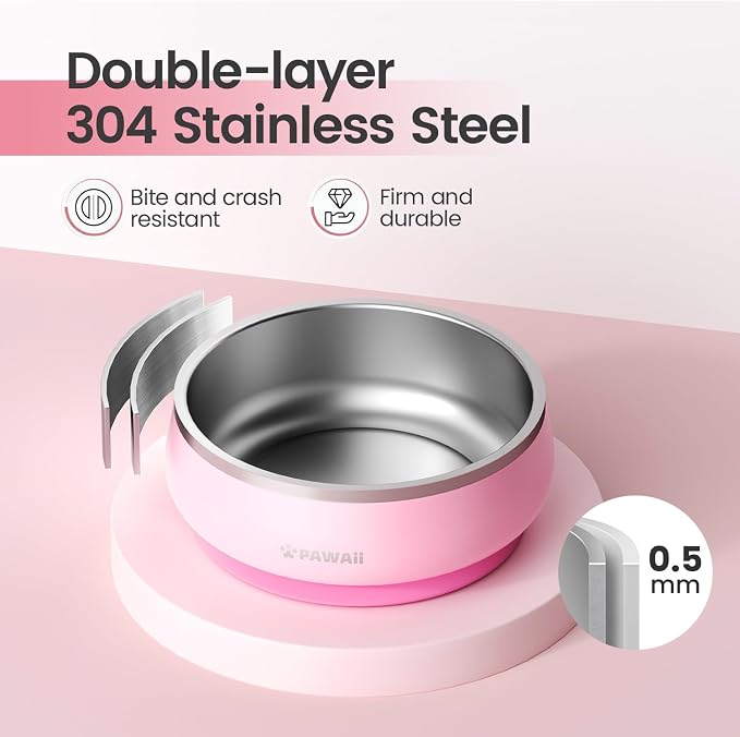 Pawaii Dog Bowl, 34 oz Double-Wall Stainless Steel Food and Water Bowl, Non-Slip Rubber Base, Dishwasher Safe, ID Tag Included, (1 Pack) | Double-Wall Design,Non-Slip Rubber Base,Dishwasher Safe,Smooth Open Design, Not a Slow Feeder,Easy-Rinse Interior