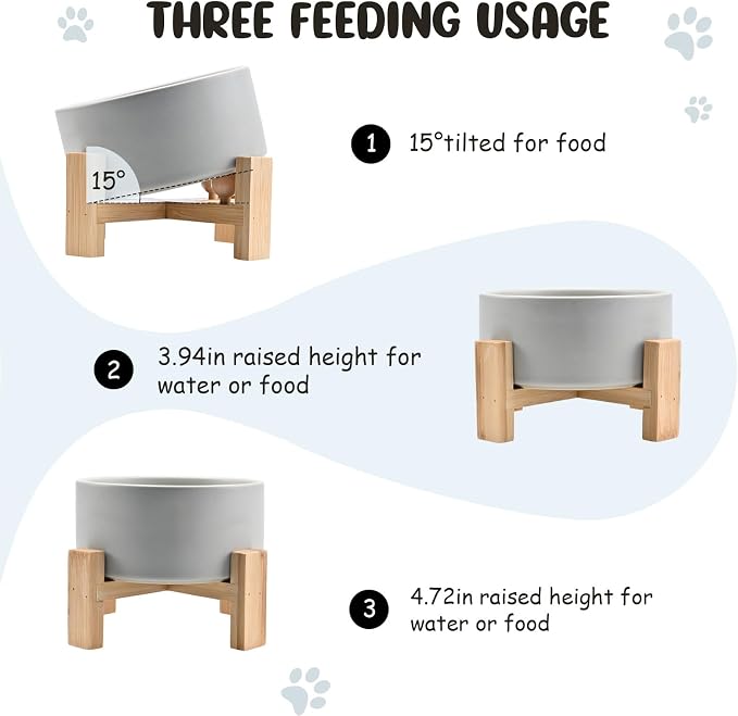 SPUNKYJUNKY 15° Slanted Ceramic Dog and Cat Bowl with Wooden Stand, Tilted Bulldog Food and Water Bowl No Slip Non-Spill for Cats Medium Dogs Big Face Pets 28.7 OZ (3.6 Cups, Grey)